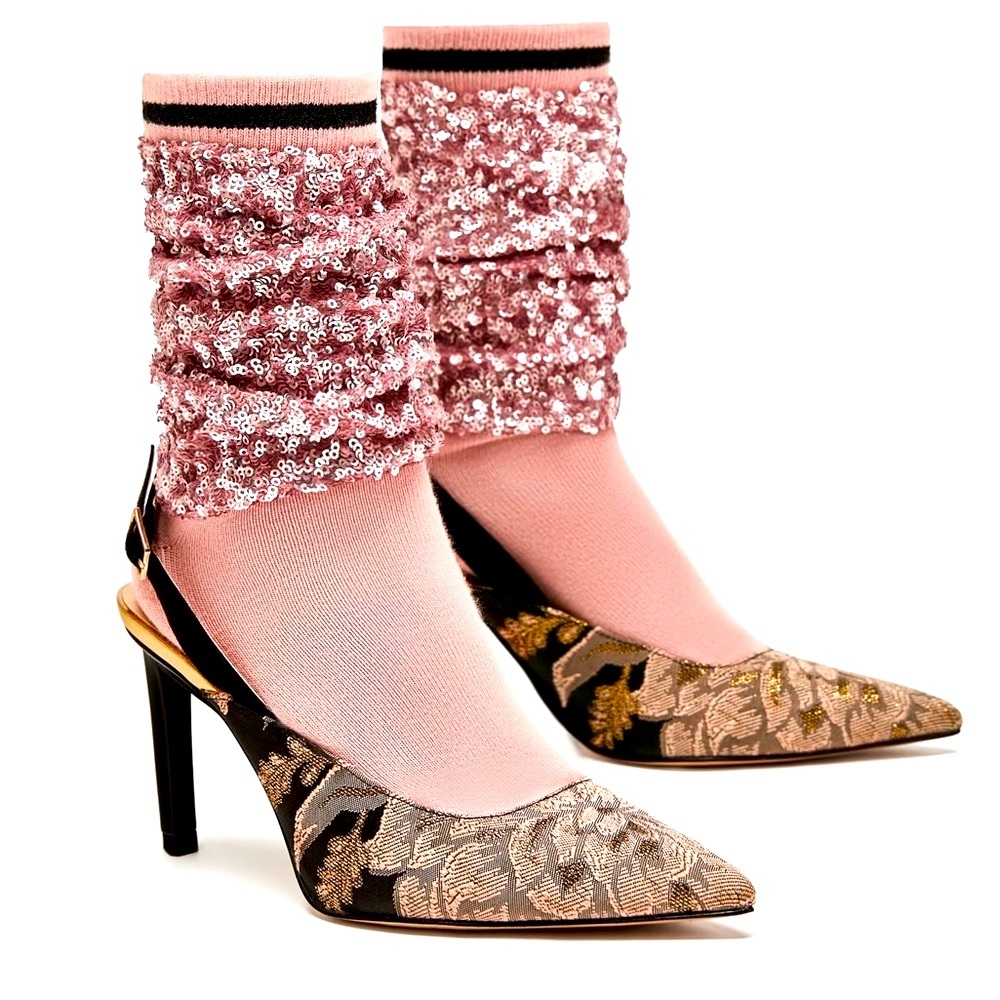 Shimmery Sequin Sock Style Floral Slingback Heels